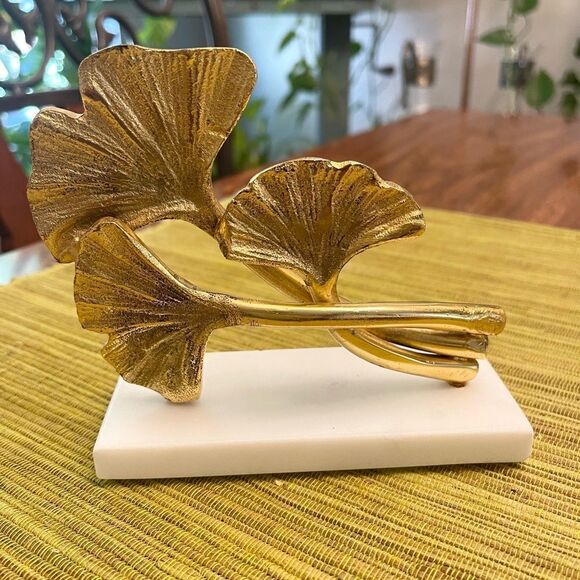 Brass Leaf Paperweight Marble Stone Base 6" - Picture 1 of 6